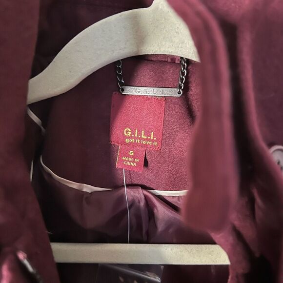 G.I.L.I. got it love it Womens Ruffled Front Jacket Maroon Poly Blend Coat Sz 6 - Picture 3 of 10